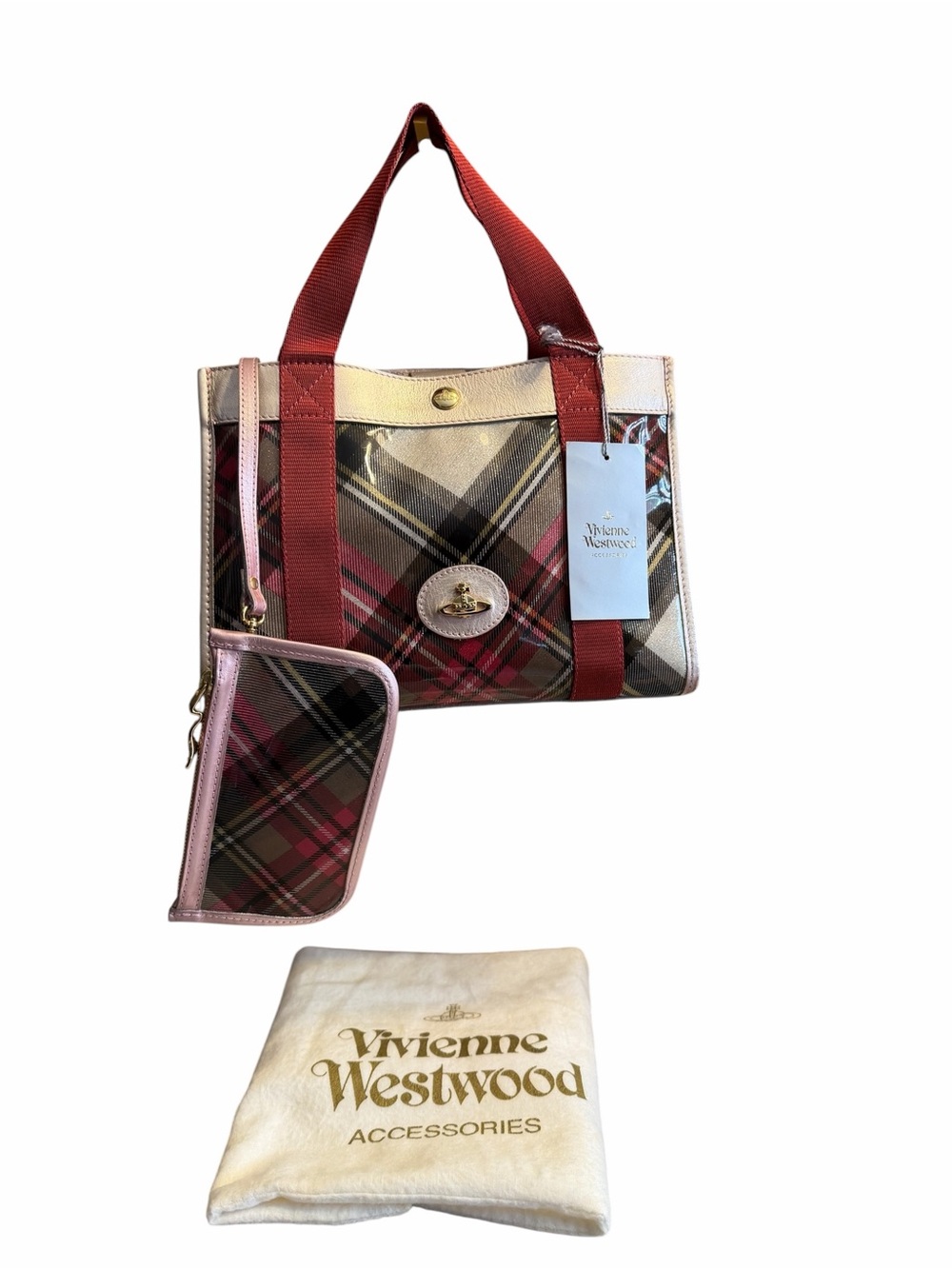 Vivienne Westwood Tartan Plaid Vinyl Tote Bag w/pouch & Dust Bag